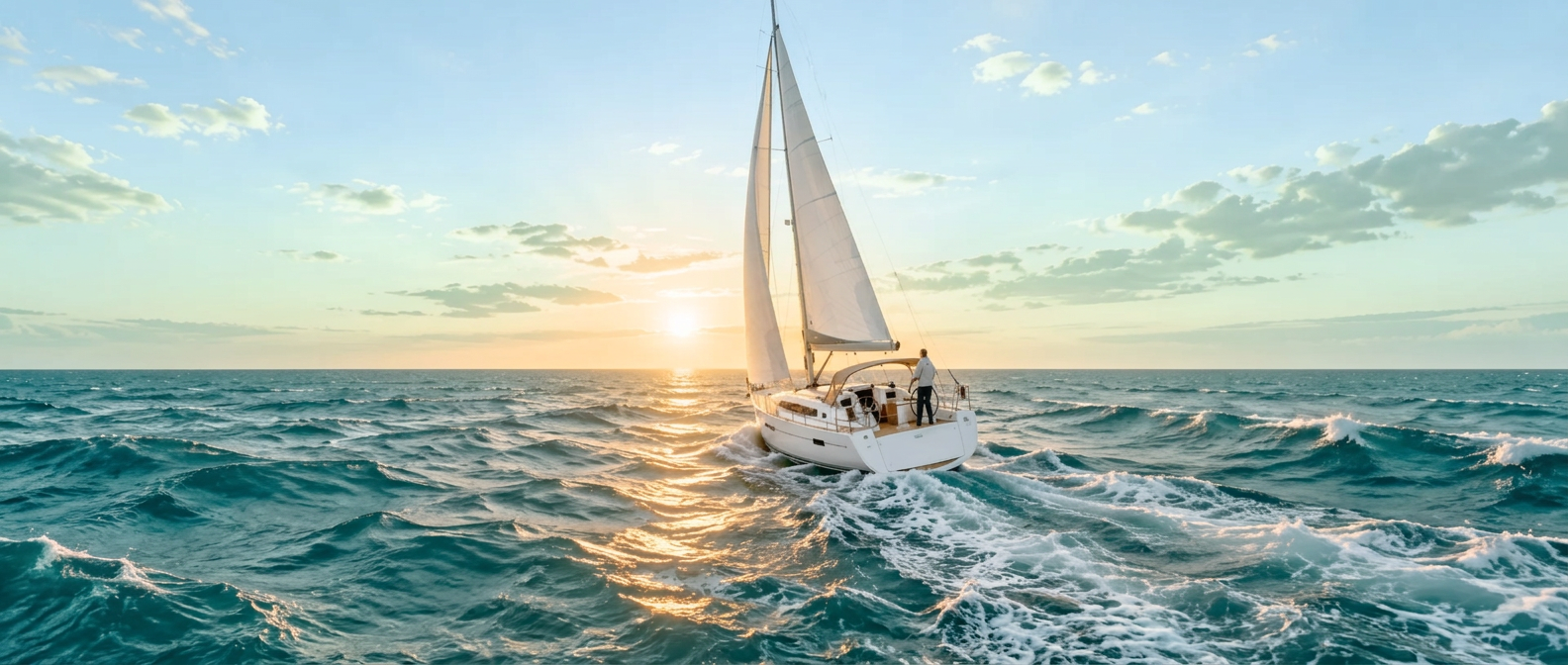Segelboot in ruhigem Wasser bei weichem Abendlicht, die Segel im Wind
